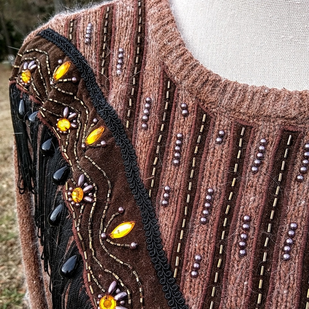 Rauol Fringe Silk Brown LS Embellished Sz M Dress - Picture 4 of 5